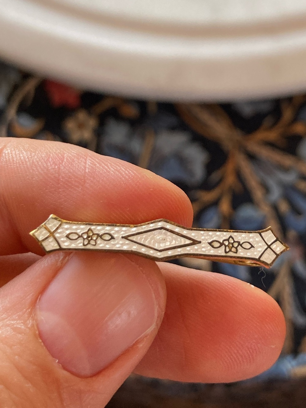 Antique Victorian Guilloche Enamel White Floral Lattice Lingerie/Lace Pin